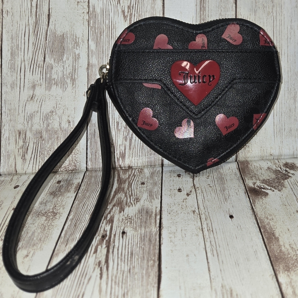 Juicy Couture Heart Wristlet Black w/ Red Hearts Zip Pouch